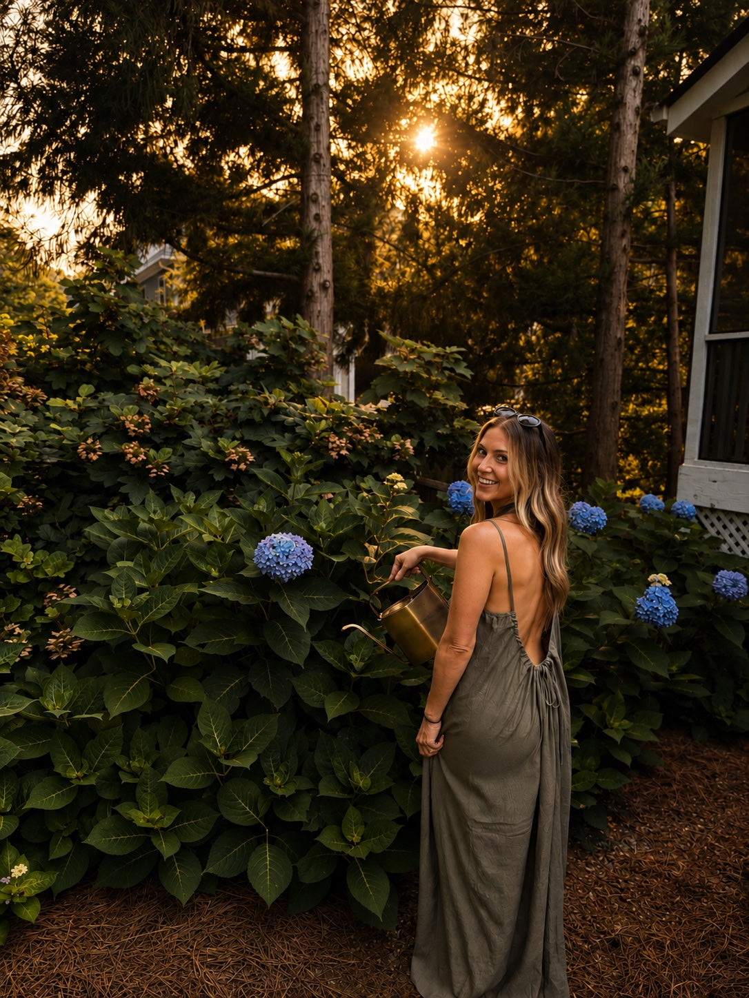 Heirloom Society founder in a hydrangea garden